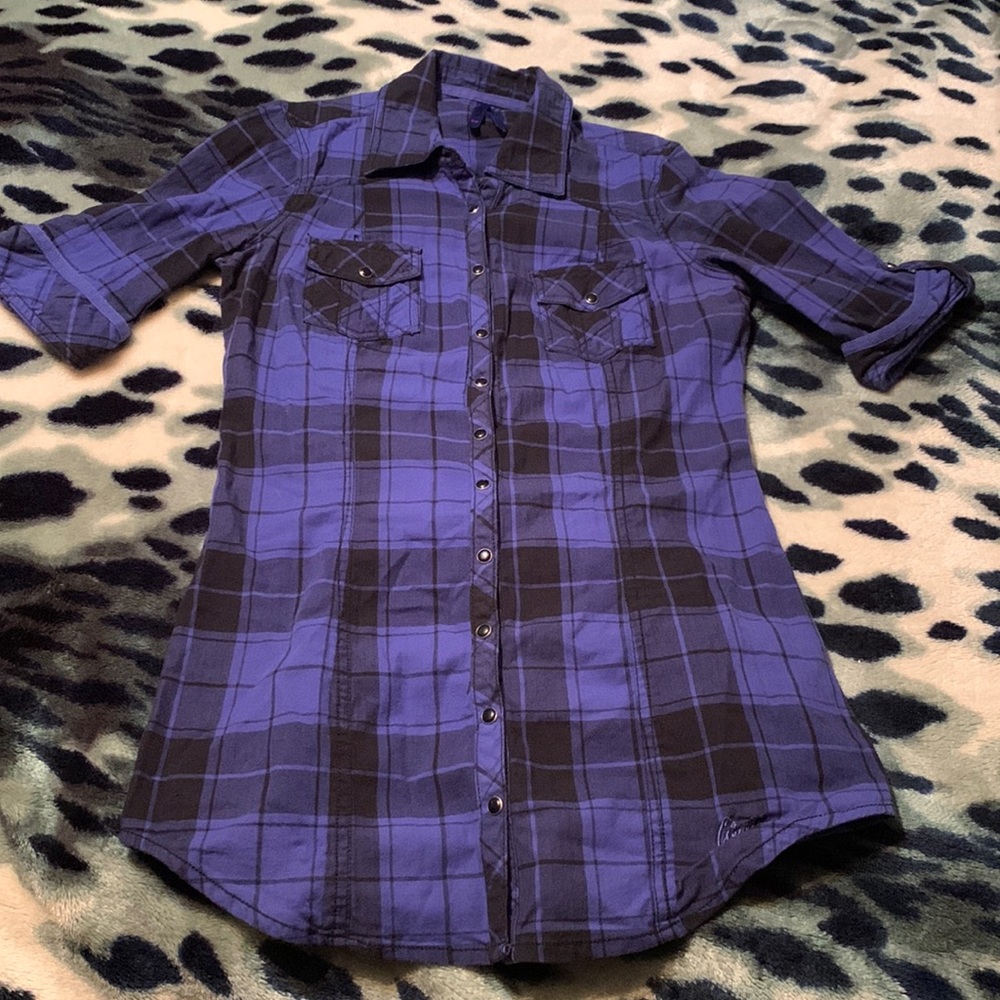 Garage blue plaid snap up top small